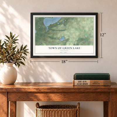 Town of Green Lake, Wisconsin map, 12 x 18 inch print in a black frame in an entryway