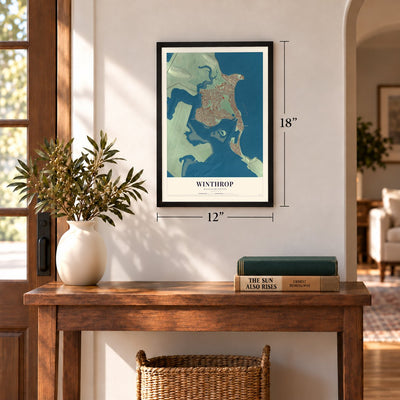 Winthrop, Massachusetts map, 12 x 18 inch print in a black frame in an entryway
