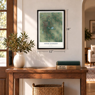Upper Sandusky, Ohio map, 12 x 18 inch print in a black frame in an entryway