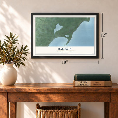 Baldwin, Iosco County, Michigan map, 12 x 18 inch print in a black frame in an entryway
