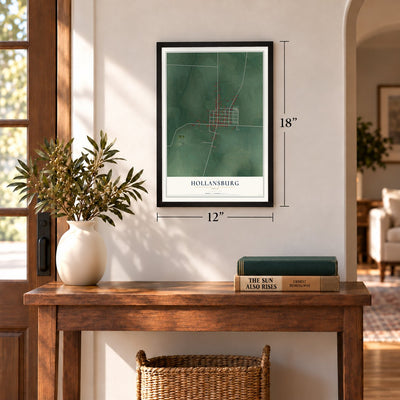 Hollansburg, Ohio map, 12 x 18 inch print in a black frame in an entryway