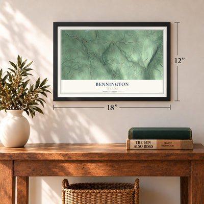 Bennington, New York map, 12 x 18 inch print in a black frame in an entryway
