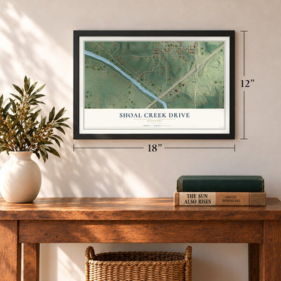 Shoal Creek Drive, Missouri map, 12 x 18 inch print in a black frame in an entryway