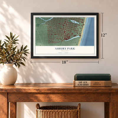 Asbury Park, New Jersey map, 12 x 18 inch print in a black frame in an entryway
