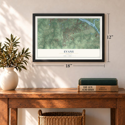 Evans, Georgia map, 12 x 18 inch print in a black frame in an entryway