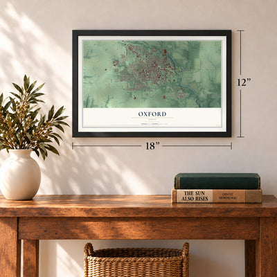 Oxford, Ohio map, 12 x 18 inch print in a black frame in an entryway