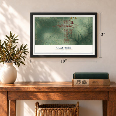 Glasford, Illinois map, 12 x 18 inch print in a black frame in an entryway