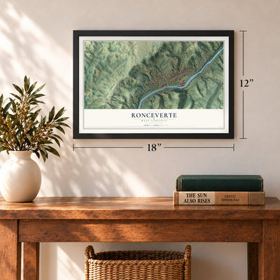 Ronceverte, West Virginia map, 12 x 18 inch print in a black frame in an entryway