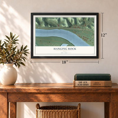 Hanging Rock, Ohio map, 12 x 18 inch print in a black frame in an entryway