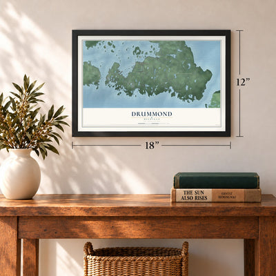 Drummond, Michigan map, 12 x 18 inch print in a black frame in an entryway