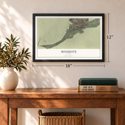 Mesquite, Nevada map, 12 x 18 inch print in a black frame in an entryway