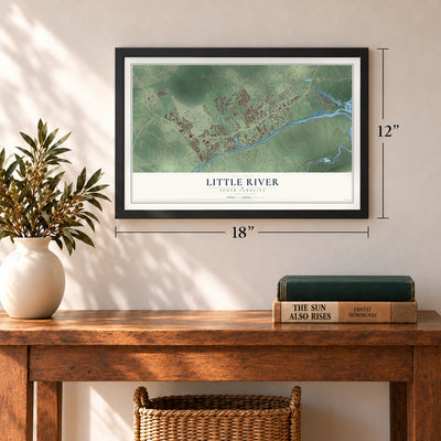 Little River, South Carolina map, 12 x 18 inch print in a black frame in an entryway