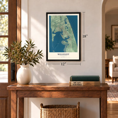 Wellfleet, Massachusetts map, 12 x 18 inch print in a black frame in an entryway