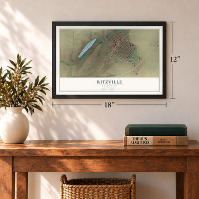Ritzville, Washington map, 12 x 18 inch print in a black frame in an entryway