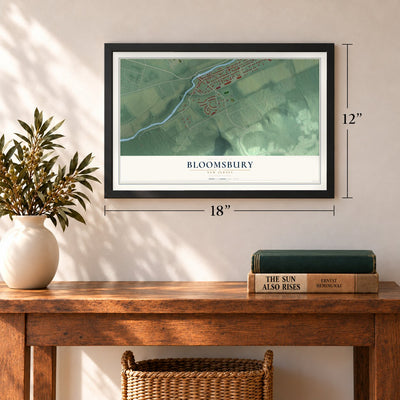 Bloomsbury, New Jersey map, 12 x 18 inch print in a black frame in an entryway