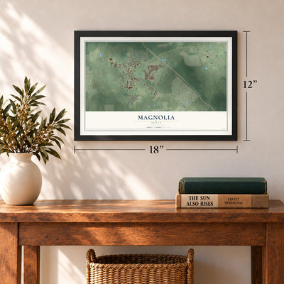 Magnolia, Texas map, 12 x 18 inch print in a black frame in an entryway