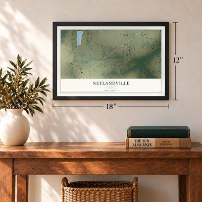 Neylandville, Texas map, 12 x 18 inch print in a black frame in an entryway