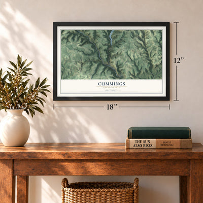 Cummings, Pennsylvania map, 12 x 18 inch print in a black frame in an entryway