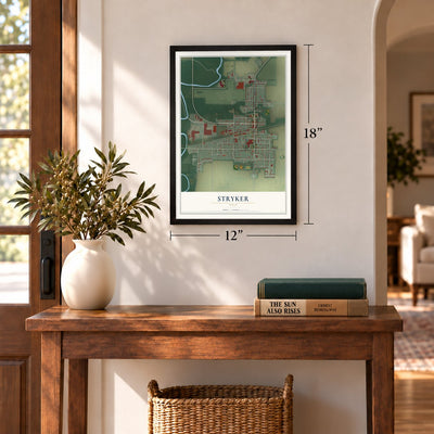 Stryker, Ohio map, 12 x 18 inch print in a black frame in an entryway