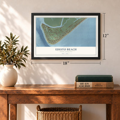 Edisto Beach, South Carolina map, 12 x 18 inch print in a black frame in an entryway