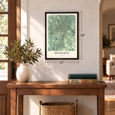 Bellingham, Massachusetts map, 12 x 18 inch print in a black frame in an entryway