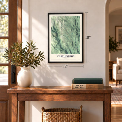 Worthington, Massachusetts map, 12 x 18 inch print in a black frame in an entryway