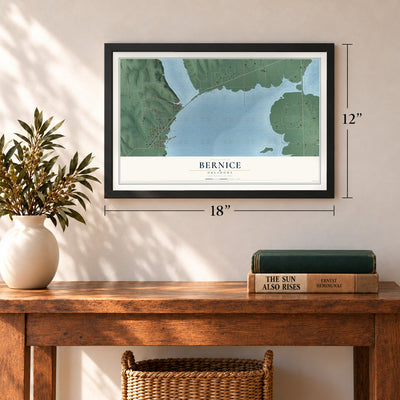 Bernice, Oklahoma map, 12 x 18 inch print in a black frame in an entryway
