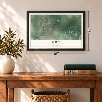 Clute, Texas map, 12 x 18 inch print in a black frame in an entryway