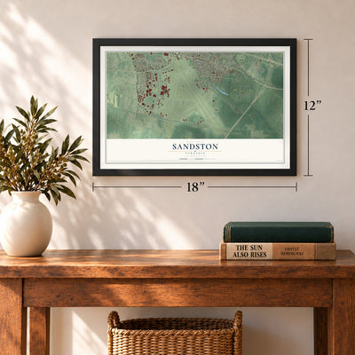Sandston, Virginia map, 12 x 18 inch print in a black frame in an entryway