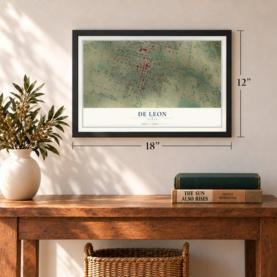 De Leon, Texas map, 12 x 18 inch print in a black frame in an entryway