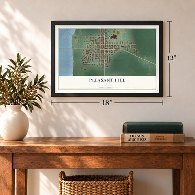Pleasant Hill, Ohio map, 12 x 18 inch print in a black frame in an entryway