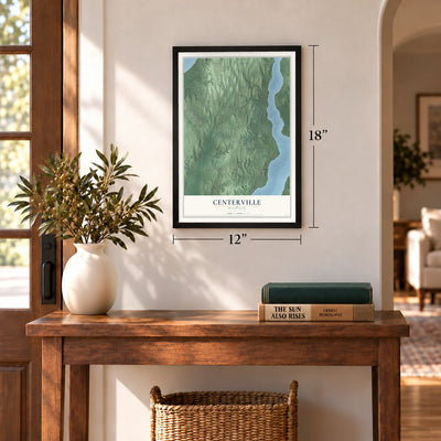 Centerville, Michigan map, 12 x 18 inch print in a black frame in an entryway