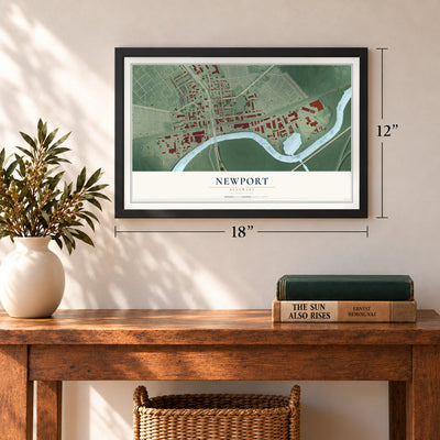 Newport, Delaware map, 12 x 18 inch print in a black frame in an entryway