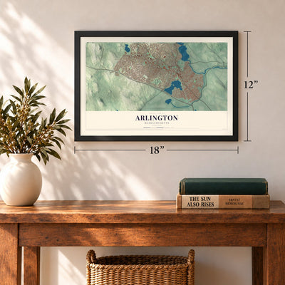 Arlington, Massachusetts map, 12 x 18 inch print in a black frame in an entryway
