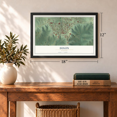 Dixon, Missouri map, 12 x 18 inch print in a black frame in an entryway