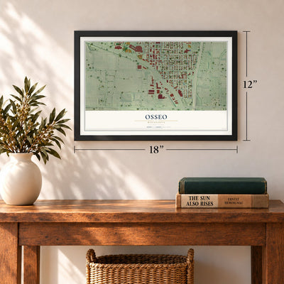 Osseo, Minnesota map, 12 x 18 inch print in a black frame in an entryway