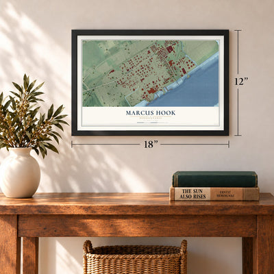 Marcus Hook, Pennsylvania map, 12 x 18 inch print in a black frame in an entryway