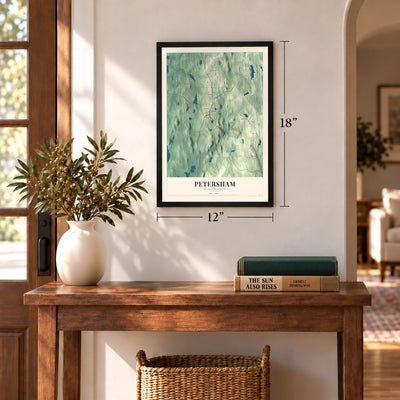 Petersham, Massachusetts map, 12 x 18 inch print in a black frame in an entryway