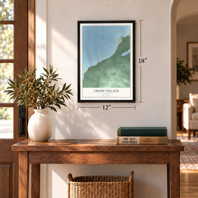 Cross Village, Michigan map, 12 x 18 inch print in a black frame in an entryway