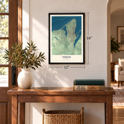Tisbury, Massachusetts map, 12 x 18 inch print in a black frame in an entryway