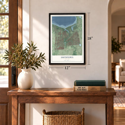 Smithtown, New York map, 12 x 18 inch print in a black frame in an entryway