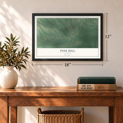 Pine Hill, Alabama map, 12 x 18 inch print in a black frame in an entryway