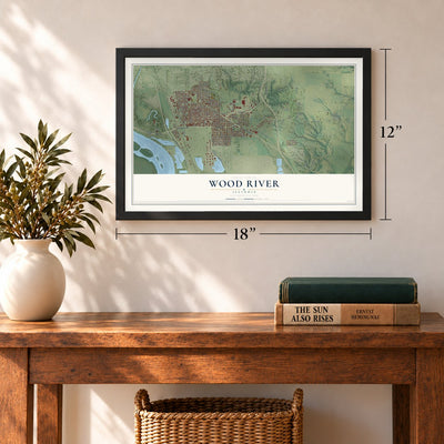 Wood River, Illinois map, 12 x 18 inch print in a black frame in an entryway