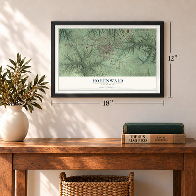 Hohenwald, Tennessee map, 12 x 18 inch print in a black frame in an entryway