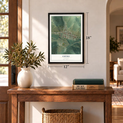 Empire, Colorado map, 12 x 18 inch print in a black frame in an entryway