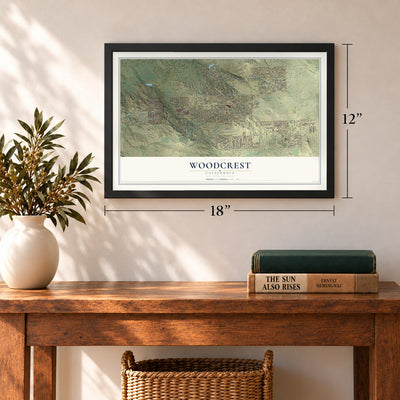 Woodcrest, California map, 12 x 18 inch print in a black frame in an entryway