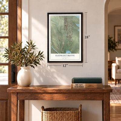 Elephant Butte, New Mexico map, 12 x 18 inch print in a black frame in an entryway