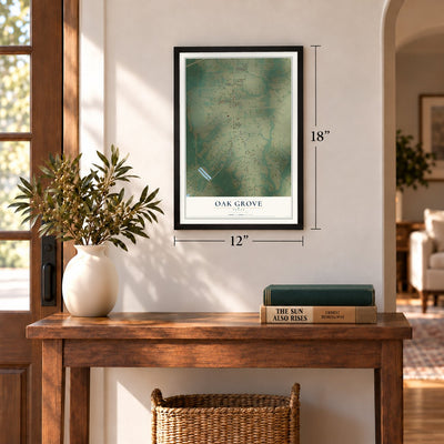 Oak Grove, Texas map, 12 x 18 inch print in a black frame in an entryway
