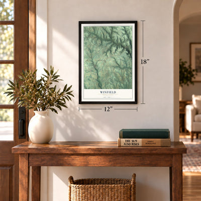 Winfield, Pennsylvania map, 12 x 18 inch print in a black frame in an entryway