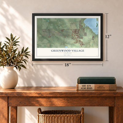 Greenwood Village, Colorado map, 12 x 18 inch print in a black frame in an entryway